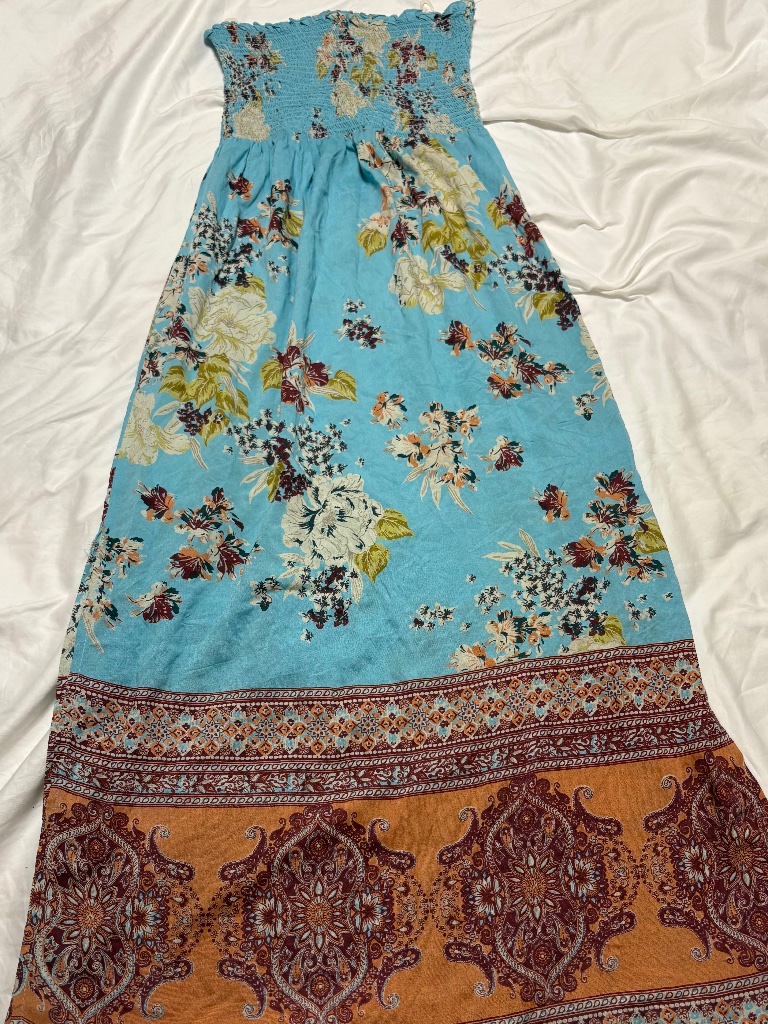 1999 Vtg Y2k Angie Boho Floral Smocked Maxi Dress Sky Blue Orange Medium Nwot